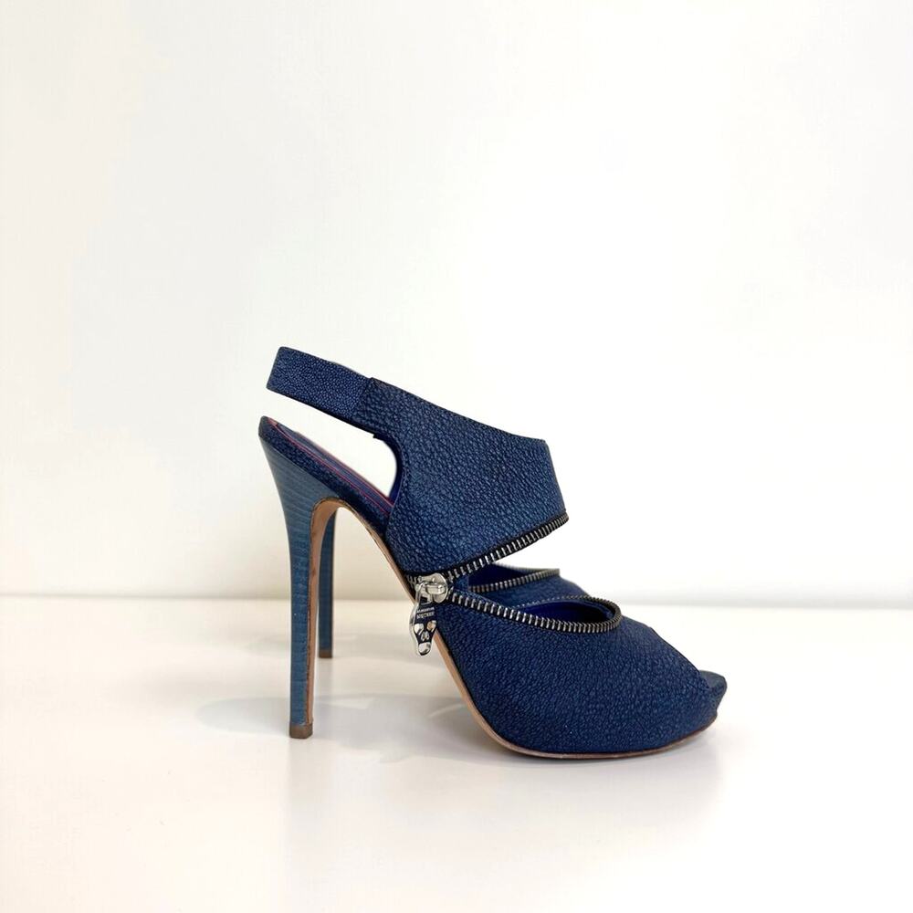 Alexander Mcqueen Blue Leather Slingback Peep Toe Zipper Heels 38.5